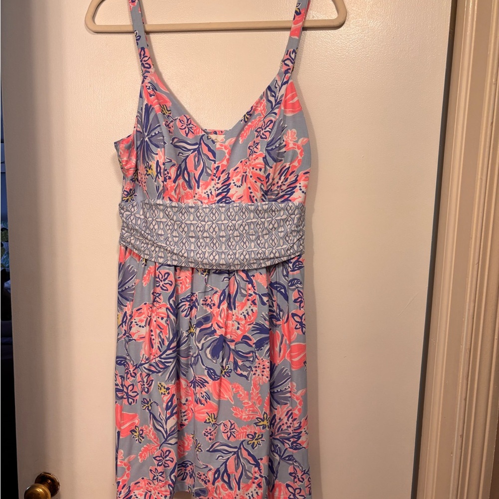 Lilly Pulitzer Light Blue Floral Spaghetti Strap Dress with Coral Accents